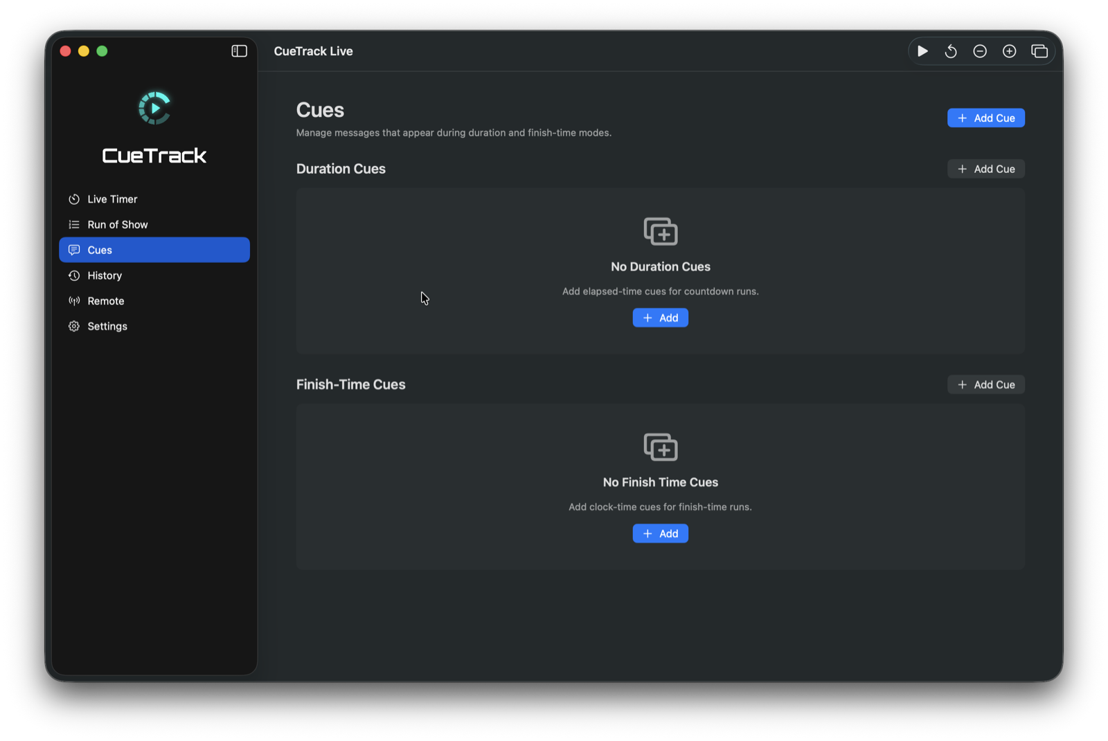 Cue alerts screen