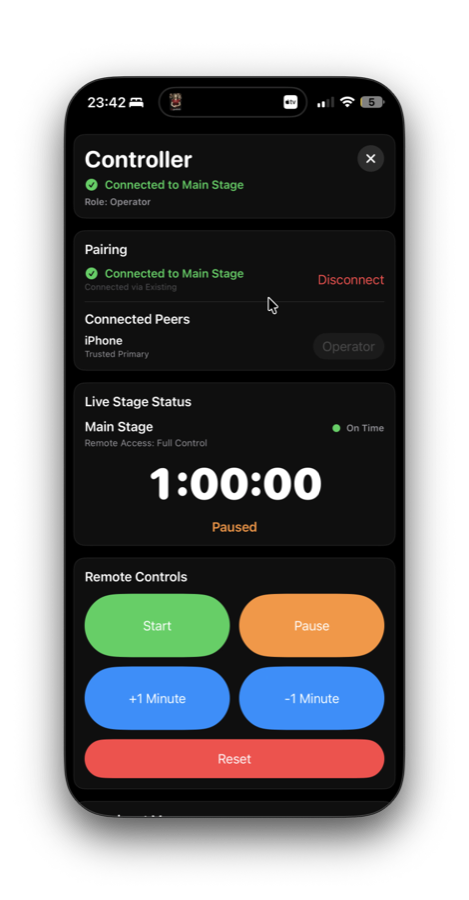 CueTrack Live iPhone controller with remote timer controls
